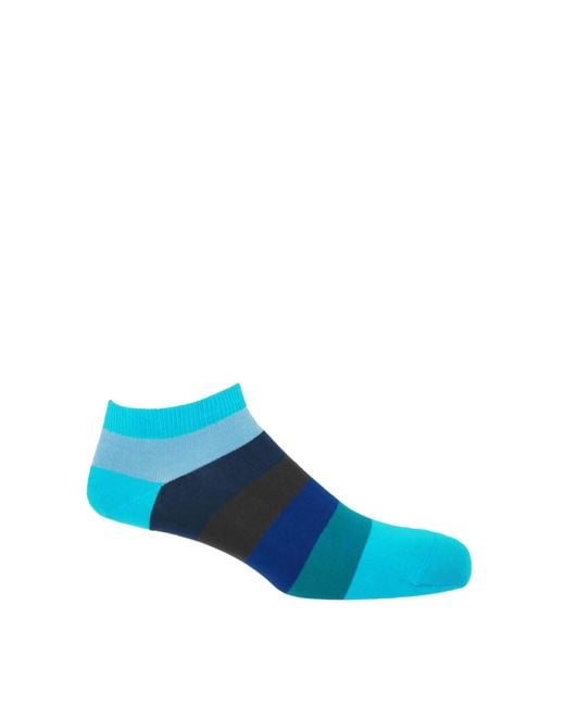 Peper Harow - Made in England Blue Block Stripe Aqua Luxury Crew & Trainer Socks Bundle for men