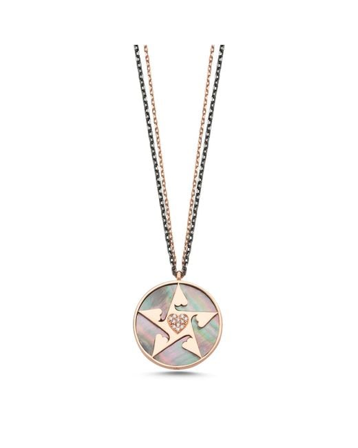Ecce | Artisan Diamonds Metallic 925K Sterling Plated Happy Star Heart Diamond Double Chain Necklace With Mother Of Pearl