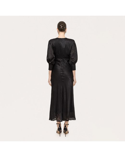 Nissa Black Puff-Sleeve Viscose Midi Dress
