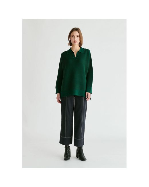 Paisie Green Polo Collar Ribbed Jumper