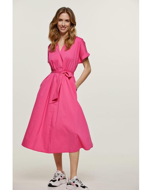 Conquista Pink Fuchsia A Line Midi Dress With Belt