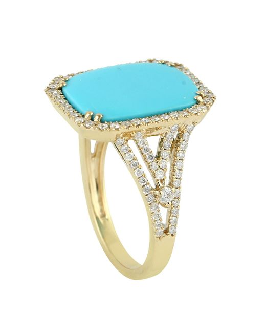 Artisan Blue Natural Diamond Pave & Turquoise Cocktail Ring In 18k Yellow Gold Jewelry