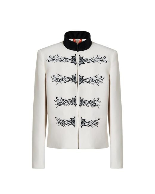 The Extreme Collection White Tailored Military Blazer With Floral Embroidery
