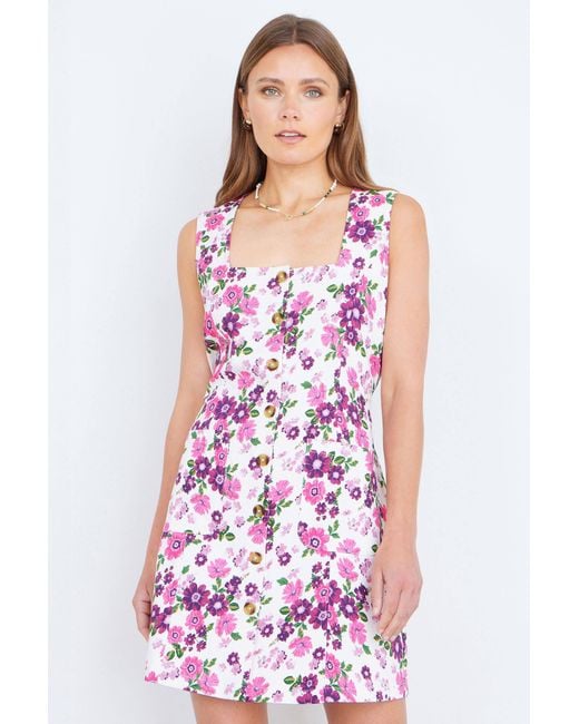 Yumi' Purple Retro Floral Cotton Stretch Pinafore Dress
