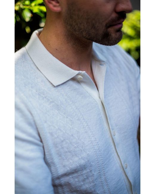 Paul James Knitwear White Organic Cotton Dante Linen Patterned Shirt for men