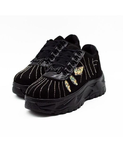 Rettrose Black Clara Luxury Noir Suede Handmade Embellished Trainers