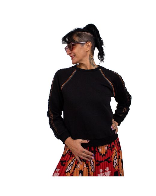 Lalipop Design Black Sweatshirt With Guipure Lace Raglan Sleeves