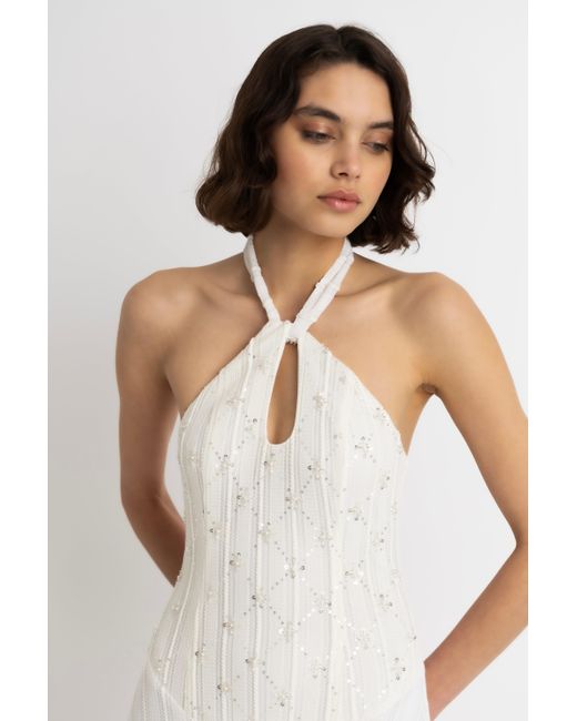 Amy Lynn White Gaia Cream Crochet Halterneck Maxi Dress