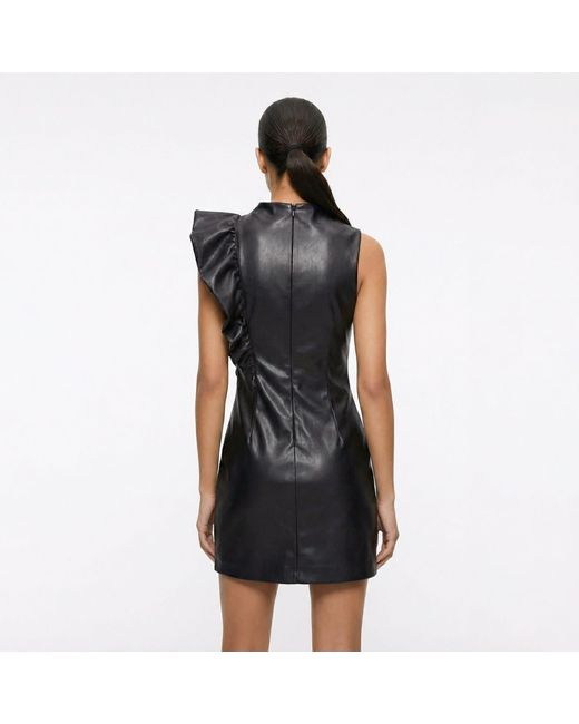 AVENUE No.29 Black Eco Leather Asymmetrical Mini Dress With Ruffle