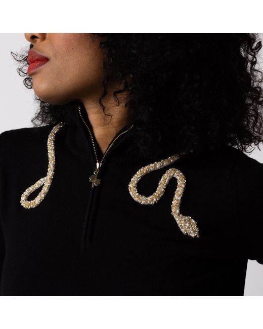 House of Laines London Black Laines Couture Quarter Zip Jumper With Embellished Crystal & Pearl Snake