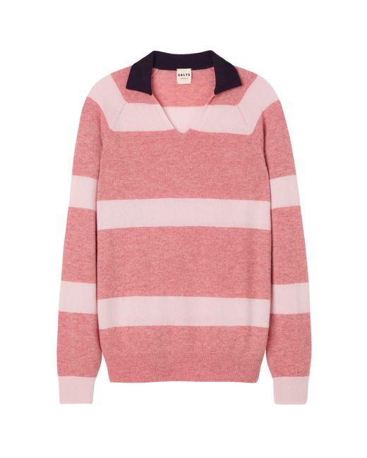 Salts Pink Split Neck Polo Stripe Sweater