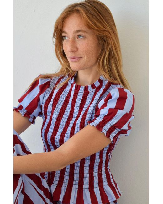 Mind Traveler Red Chia Burgundy And Light Short Sleeved Striped Blouse