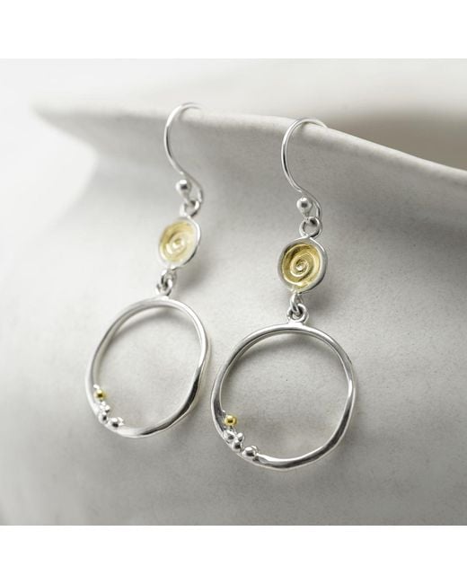 Isla Silver Metallic Organic Hoop Drop Earrings With Spiral Detail