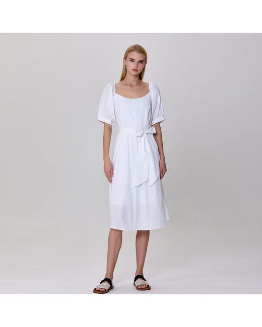 Smart and Joy White Puffy Sleeves Fit-And-Flare Blouse-Dress