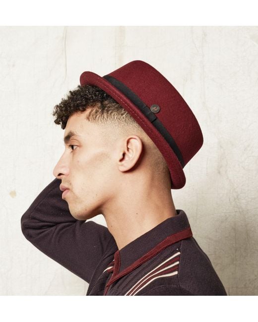 Dasmarca Hats Red Jack Vino Burgundy Felt Skimpy Brim Short Brim Rude Boy Mod Style Porkpie Hat for men