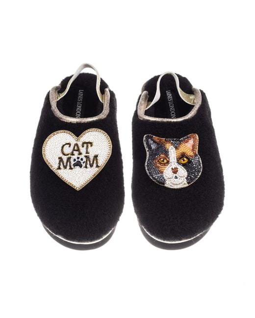 Laines London Black Flatform Cloud Slippers With Calico British Shorthair Cat & Cat Mum/Mom Brooches