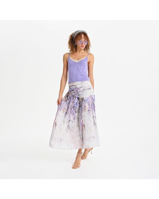 Lalipop Design Purple Abstract Floral Print Pleated Midi Skirt