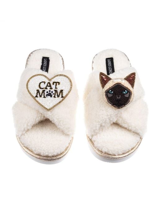 Laines London White Neutrals Boucle Slippers With Cat Mum/Mom & Siamese Cat Brooches