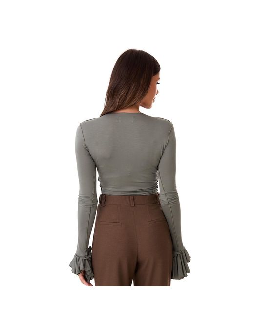 Mandragora Green Viscose Longsleeve With Ruffles And A Decorative Rose – Rosalie Khaki