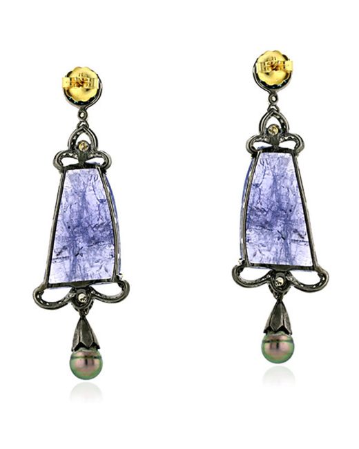 Artisan Blue Tanzanite & Pearl Pave Diamond In 18k Solid Gold Silver Classic Dangle Earrings