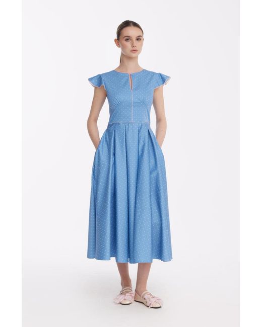 Georgette Blue Powder Polka Dot Midi Dress