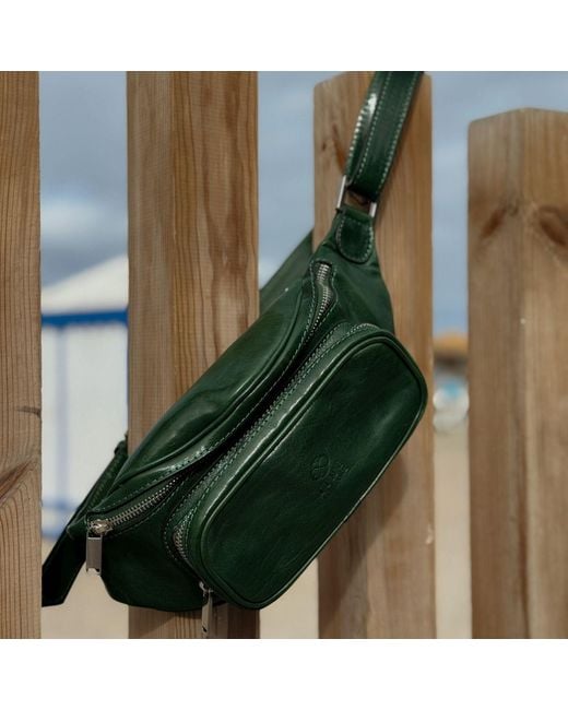 Time Resistance Green Leather Sling Bag Belly Bag for men