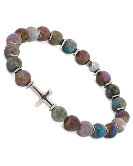 Ebru Jewelry Metallic Sterling Cross & Mystic Indian Agate Beaded Bracelet for men