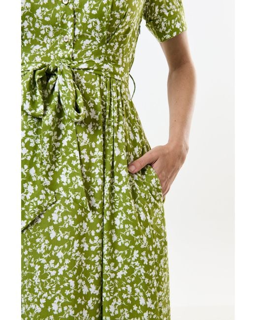 Louche Green Inesa Negative Floral Print Short Sleeve Midi Shirtdress