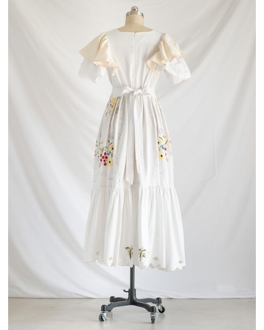 Sugar Cream Vintage White Re-design Upcycled Hand Embroidered Colorful Floral Motifs Maxi Dress