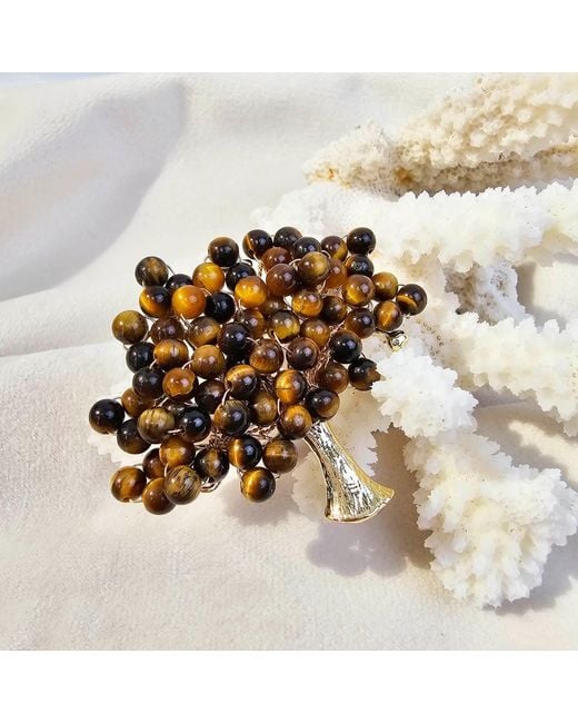 Farra Metallic Handcrafted Tree Shape Tiger-Eye Stone Brooch
