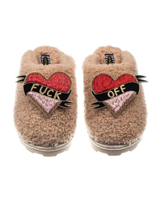 Laines London Brown Teddy Closed Toe Slippers With Fuck Off Brooches