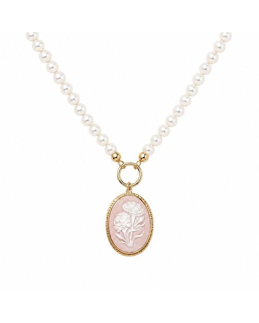 Vintouch Italy Metallic Dahlia Cameo Necklace With Pearls