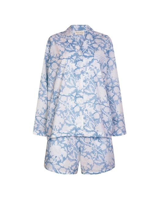 NoLoGo-chic Blue Hand Block Printed Cotton Shorts Pj Set Cotton De Nimes