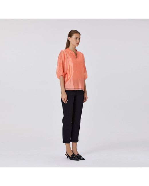 Smart and Joy Orange Embroidered Tencel-Blend Blouse