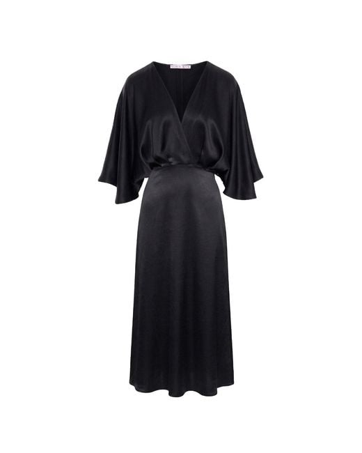 Noria Anis Black Dhalia Viscose Satin Midi Dress With V-Neck And Batwing Sleeves