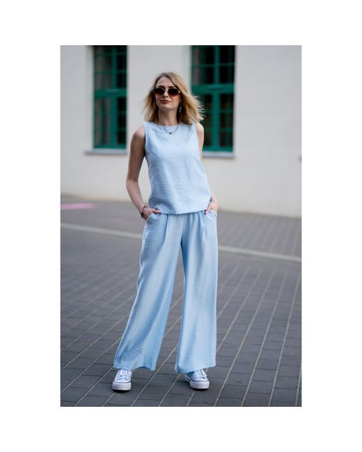 Oh!Zuza Blue Matte Viscose Top & Wide-Leg Trousers Set