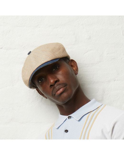 Dasmarca Hats Blue Neutrals Lloyd Stripe Peaked Summer Italian Linen Bakerboy Newsboy Cap for men