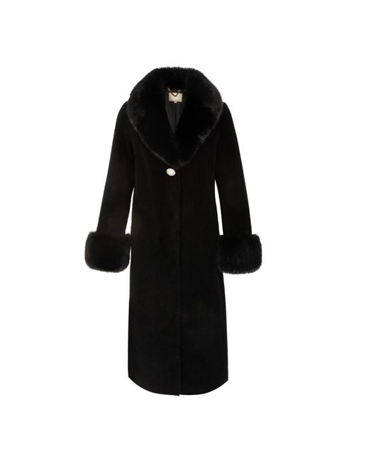 Santinni Black Sunset Boulevard Long Wool Coat With Faux Fur Collar