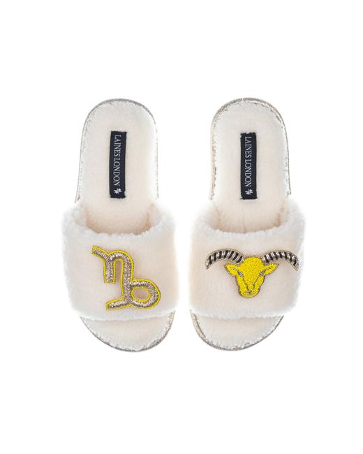 Laines London Metallic Teddy Towelling Slipper Sliders With Capricorn Zodiac Brooches