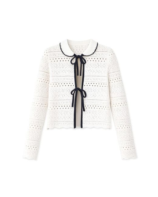 Yumi' White Ivory Crochet Knitted Cardigan With Peter Pan Collar