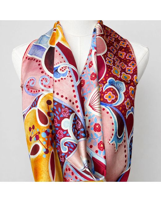 Wenzi Red Rhythms Of Bloom Hand Painted Pattern Double Sided Silk Twill Scarf