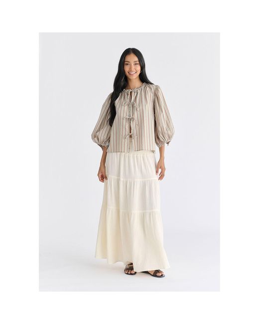 Paisie Natural Cheesecloth Shirred Waist Tiered Maxi Skirt