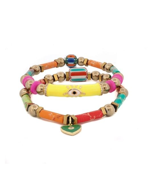 Ebru Jewelry Metallic Colorful Jasper Guardian Evil Eye & Heart Charm Bracelet Set