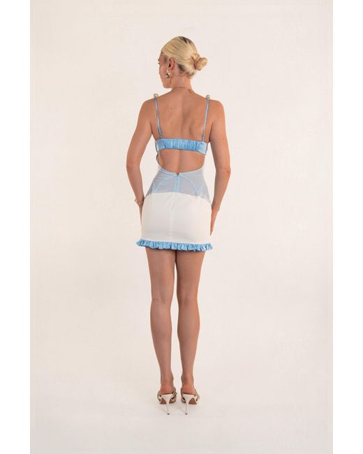 Clerestory Blue Luscia Pearl Strap Mesh-Waist Linen Mini