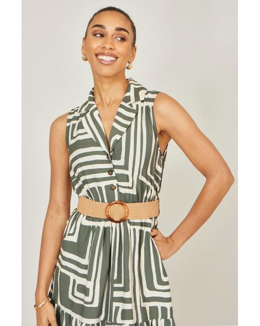 Yumi' Green Viscose Geo Print Midi Shirt Dress With Matching Belt