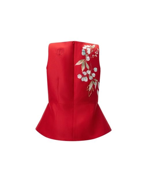 Rondooz Red Hand Painted Satin Peplum Top With Hand Applied Embellishment