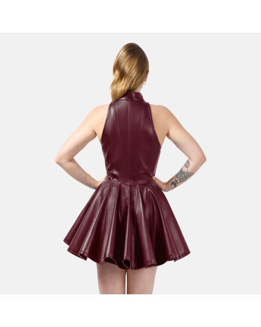 Kargede Purple Pleated Burgundy Leather Mini Dress – Evening Zip Up With High Neck & Designer Faux