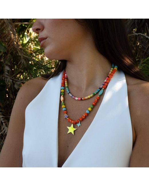 Ebru Jewelry Red Sunshine Star Colorful Beaded Necklace