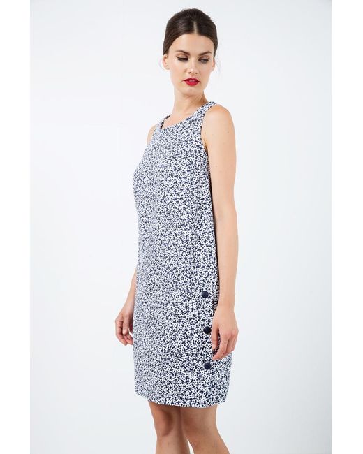 Conquista Blue Sleeveless Floral A Line Dress With Button Detail