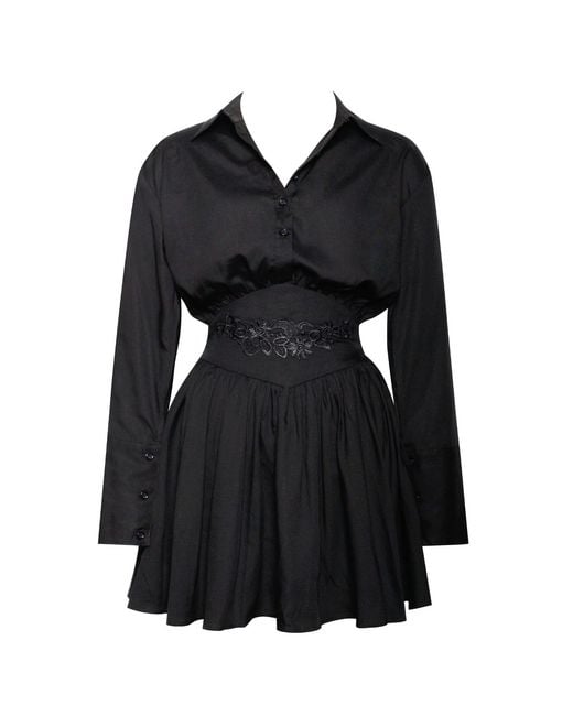 Miss Circle New York Black Jamila Shirt Mini Dress With Embroidered Waist Detail